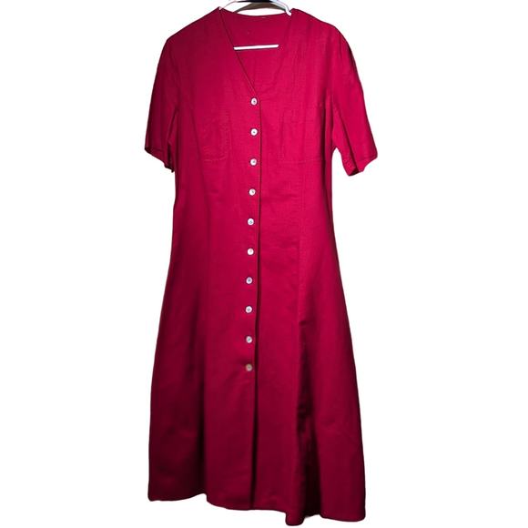 Red Linen Blend Tie Back Button Front V-Neck Short Sleeve A-Line Dress Sz XL - Picture 1 of 16